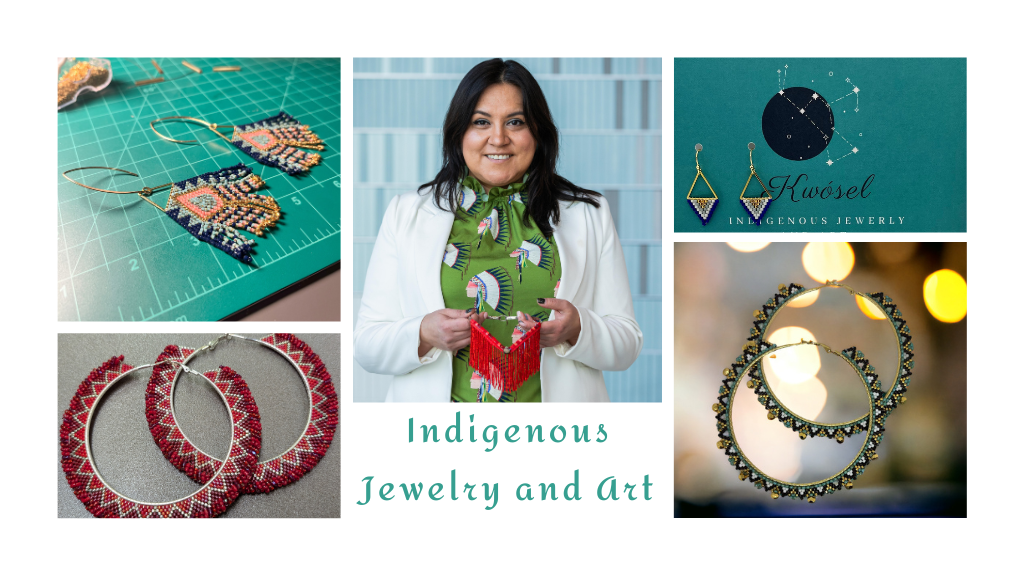 a collage of pictures, 4 are pictures of beaded jewelry and center picture of a woman with dark hair wearing a green top and white sweater holding a red beaded necklace